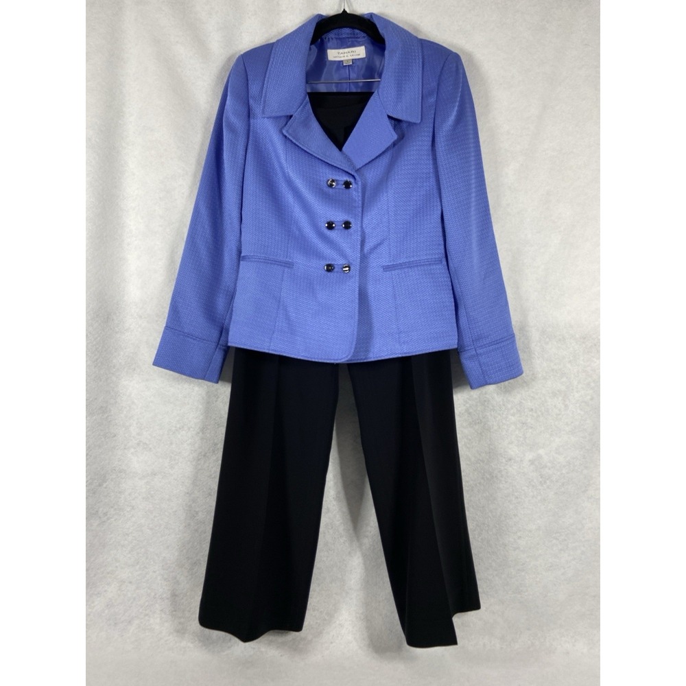 Tahari 2PC Pant Suit Womens 6 Blue Black Double Breasted Textured Career Church